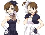  2girls alternate_costume brown_eyes brown_hair earrings flipped_hair futami_ami futami_mami gloves hisakawa_riho idolmaster jewelry looking_at_viewer multiple_girls necklace one_eye_closed scrunchie siblings side_ponytail sisters twins wink 