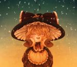  1girl :d ^_^ blonde_hair bow braid closed_eyes dress female footprints gloves hat hat_bow karioda kirisame_marisa long_hair mittens multiple_girls open_mouth smile snowing solo standing star touhou witch_hat younger 