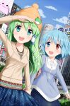  2girls beanie blue_eyes blue_hair blush building casual dress female green_eyes green_hair hat heterochromia kochiya_sanae long_hair multiple_girls open_mouth orange-pengin red_eyes short_hair smile tatara_kogasa touhou 