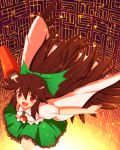  1girl arm_cannon blush bow brown_hair cape control_rod female hair_bow red_eyes reiuji_utsuho skirt smile solo ten203159 thigh-highs third_eye touhou weapon wings 