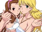  2girls armpits asymmetrical_docking blonde_hair blown_kiss bra breast_press breasts brown_hair cheek-to-cheek female green_eyes hairband hisakawa_riho hoshii_miki hug idolmaster jewelry looking_at_viewer minase_iori multiple_girls necklace red_eyes ribbon underwear wink 