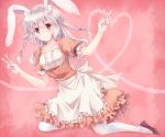  1girl animal_ears apron blush braid double_v dress long_hair maruki_(punchiki) original pantyhose pink_background rabbit_ears red_eyes silver_hair smile solo twin_braids v white_legwear 