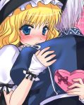  1boy 1girl alha blonde_hair blue_eyes blush chocolate couple grey_hair hat heart hetero hug kirisame_marisa morichika_rinnosuke sweatdrop touhou valentine white_hair witch witch_hat 