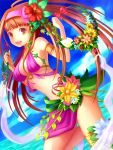  1girl armlet bikini brown_hair flower hair_flower hair_ornament hairband happy long_hair nestear original ribbon sarong sky smile solo swimsuit water yellow_eyes 