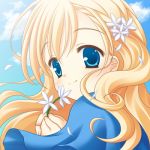  1girl blonde_hair blue_eyes blush flower long_hair lowres original sky smile solo yuyi 
