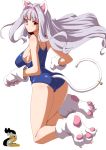  1girl animal_ears ass bell blush breasts cat_ears cat_tail claws clearite competition_swimsuit gloves hairband highres huge_ass idolmaster large_breasts long_hair looking_back one-piece_swimsuit paw_gloves shijou_takane silver_hair solo swimsuit tail tail_bell violet_eyes 