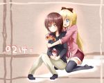  2girls black_hair blonde_hair blue_eyes bow brown_eyes dress_shirt funami_yui gift hair_bow highres hug hug_from_behind kneeling light_smile long_hair long_sleeves multiple_girls no_shoes open_mouth pants sakura_ai_ke shirt short_hair shorts sitting socks thigh-highs toshinou_kyouko yuru_yuri zettai_ryouiki 