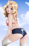  1girl ass bangs bikini_top blonde_hair blue_eyes blue_shorts clouds cloudy_sky from_behind girls_und_panzer green_eyes hand_on_thigh highres kay_(girls_und_panzer) long_hair looking_at_viewer looking_back open_mouth parted_bangs short_shorts shorts sky smile solo suzu_danna thigh-highs white_legwear 