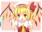  1girl animal_ears ascot blonde_hair blush bow cat_ears clenched_hand colored_eyelashes fang female flandre_scarlet frown hands hat hat_bow kemonomimi_mode maruki_(punchiki) nyan open_mouth paw_pose red_eyes short_hair side_ponytail solo touhou upper_body wings 