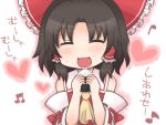  1girl black_hair closed_eyes eating female food food_on_face hakurei_reimu happy heart musical_note onigiri rice rice_on_face shiohachi short_hair smile solo touhou 