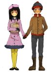  1boy 1girl ^_^ beanie black_hair blush boots closed_eyes coat full_body gloves hat hat_pompom holding_hand jacket long_hair mary_janes pantyhose shoes smile south_park stan_marsh standing t66sobakasu wendy_testaburger yellow_legwear 