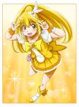  1girl big_hair bike_shorts blonde_hair boots bow cure_peace double_v earrings hair_ornament highres jewelry kise_yayoi long_hair magical_girl precure skirt smile_precure! solo v very_long_hair watanabe_(yellow_comet_ap1) wrist_cuffs yellow_bow yellow_eyes 