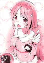  1girl :o blush cake chocolate chocolate_heart flower food fork hair_flower hair_ornament heart idolmaster idolmaster_cinderella_girls mimura_kanako monochrome open_mouth pink short_hair skirt solo sweat u_(the_unko) 