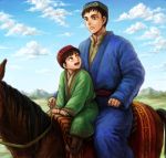  2boys animal brown_hair clouds father_and_son hat horse looking_at_another male_focus mountain multiple_boys otoyomegatari riding satou_toshio_(suisuisuisui) sky torkan yusuf 