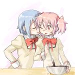  !! 2girls blue_hair bowl chocolate chocolate_on_face closed_eyes cooking food food_on_face hair_ribbon hand_on_shoulder kaname_madoka licking mahou_shoujo_madoka_magica miki_sayaka multiple_girls one_eye_closed pink_eyes pink_hair ribbon school_uniform short_hair short_twintails twintails valentine wink yoplait yuri 