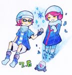  1boy 1girl blue flow_flow glasses headphones lowres mzd nngaan2y pink_hair pop&#039;n_music snowflakes white_background 