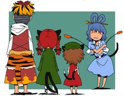  4girls :3 animal_ears back blue_hair bow braid brown_hair cat_ears cat_tail cattail chen female hair_bow hair_ornament hair_stick hat kaenbyou_rin kaku_seiga multicolored_hair multiple_girls multiple_tails onikobe_rin plant redhead ribbon tail toramaru_shou touhou twin_braids twintails 