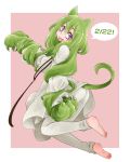  1boy animal_ears barefoot cat_ears cat_tail dated enkidu_(fate/strange_fake) fang fate/strange_fake fate_(series) feet gloves green_eyes green_hair kalanchoe_xxxx kemonomimi_mode long_hair male_focus paw_gloves soles solo tail toes trap violet_eyes 