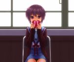  1girl akahige box chair chocolate chocolate_heart covering_mouth gift gift_box heart highres nagato_yuki panties pantyshot purple_hair school_uniform serafuku short_hair sitting solo suzumiya_haruhi_no_yuuutsu underwear upskirt valentine violet_eyes window 