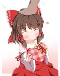  1girl blush bow box brown_hair child closed_eyes detached_sleeves dress father_and_daughter female gift gift_box hair_bow hair_tubes hakurei_reimu hand_on_head heart long_sleeves nikku_(ra) petting red_dress ribbon smile solo_focus touhou valentine wide_sleeves younger 