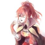  1girl aerlai anna_(fire_emblem) cape finger_to_face fire_emblem fire_emblem:_kakusei long_hair ponytail red_eyes redhead solo wink 