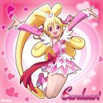  1girl :d aida_mana artist_name blonde_hair blush boots bow character_name cure_heart dokidoki!_precure eyelashes half_updo heart knee_boots long_hair magical_girl open_mouth outstretched_arms pink_background pink_boots pink_bow pink_eyes ponytail precure ribbon shisui skirt smile solo very_long_hair 
