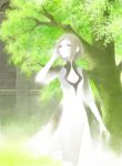  1girl arm_up bad_id breasts brown_hair cleavage dress ico plant raven_(ambrosia) short_hair solo tree white_dress yorda 