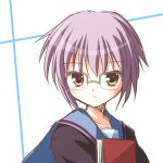  1girl blush book flat_chest glasses looking_at_viewer lowres nagato_yuki purple_hair school_uniform serafuku short_hair simple_background solo suzumiya_haruhi_no_yuuutsu white_background yuyi 