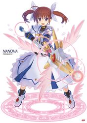  1girl boots brown_hair dress fingerless_gloves gloves glowing highres lyrical_nanoha magic_circle magical_girl mahou_shoujo_lyrical_nanoha mahou_shoujo_lyrical_nanoha_a&#039;s mahou_shoujo_lyrical_nanoha_the_movie_2nd_a&#039;s npcpepper raising_heart short_twintails smile staff takamachi_nanoha twintails violet_eyes wings 