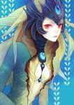  1girl between_breasts center_opening forehead_jewel heather37 helmet highres league_of_legends long_hair looking_at_viewer mermaid monster_girl nami_(league_of_legends) red_eyes scales solo 