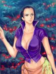  1girl arisue_kanako black_hair blue_shirt breasts brown_eyes center_opening cleavage collarbone crop_top flower forehead hair_slicked_back hand_up large_breasts long_hair looking_to_the_side lowleg midriff navel nico_robin no_glasses one_piece open_clothes open_shirt pink_skirt revealing_clothes sabaody_archipelago sarong shirt short_sleeves skirt solo unzipped upper_body zipper 