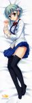  1girl absurdres black_legwear bra dakimakura garter_straps green_hair highres huge_filesize legs long_image muririn noble_works pink_bra plaid plaid_skirt school_uniform skirt skirt_lift solo tall_image thigh-highs tsukiyama_sena unbuttoned underwear yellow_eyes 