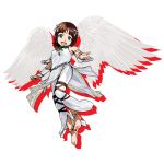  1girl amami_haruka angel_(tekken) angel_(tekken)_(cosplay) angel_wings anklet barefoot brown_hair capri_pants company_connection cosplay green_eyes highres idolmaster jewelry open_mouth pants ribbon solo tekken tekken_tag_tournament_2 tomonotomono wings 