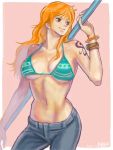 1girl arisue_kanako bangle bikini_top bracelet breasts brown_eyes cleavage denim earrings female jeans jewelry large_breasts log_pose long_hair nami_(one_piece) navel one_piece orange_hair over_shoulder pants pink_background sabaody_archipelago smile solo staff tattoo under_boob weapon weapon_over_shoulder