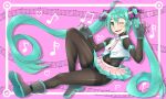  1girl ahoge bodystocking bodysuit fingerless_gloves gloves green_eyes green_hair hatsune_miku j_(shining-next) long_hair midriff musical_note necktie one_eye_closed pantyhose shiny shiny_clothes skirt solo thighband_pantyhose twintails very_long_hair vocaloid wink 