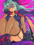  1girl blue_hair boots breasts cleavage eroe fishnet_legwear fishnets garter_straps gloves green_eyes hat junketsu_duelion large_breasts long_hair original sitting solo thigh-highs veil 