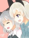  2girls animal_ears bigright-orz blonde_hair cat_ears dog_ears eila_ilmatar_juutilainen heart highres military military_uniform multiple_girls open_mouth sanya_v_litvyak silver_hair strike_witches uniform violet_eyes 