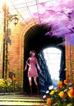 1girl black_eyes brown_hair cherry_blossoms directional_arrow dress flower lamppost lantern looking_back mogumo open_mouth original petals power_lines scarf short_hair sign snowing snowman solo tunnel 