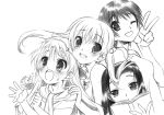  4girls 90s :d :o blush book bow forehead grin hair_bobbles hair_bow hair_ornament izawa_maho kareshi_kanojo_no_jijou long_hair monochrome multiple_girls open_book open_mouth reading sakura_tsubaki scarf sena_rika senomoto_hisashi shibahime_tsubasa short_hair simple_background smile twintails v wink 