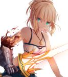  1girl bare_shoulders blonde_hair braid breasts camisole clarent cleavage cutoffs denim denim_shorts fate/apocrypha fate_(series) french_braid gauntlets green_eyes jewelry locket midriff pendant saber_of_red short_hair shorts simple_background smile solo strapless sword tubetop tusia weapon white_background 