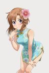  1girl bare_shoulders blue_eyes bracelet china_dress chinese_clothes dress finger_to_mouth flower grey_background hair_flower hair_ornament higurashi_no_naku_koro_ni jewelry leaning_forward looking_at_viewer orange_hair ryuuguu_rena short_hair side_slit simple_background solo standing thigh_gap thighs yachiwo 
