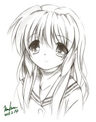  1girl clannad highres ibuki_fuuko kem_kem long_hair monochrome school_uniform serafuku 