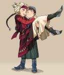  1boy 1girl age_difference amira blush boots carrying closed_eyes couple full_body head_scarf hetero husband_and_wife karluk otoyomegatari princess_carry simple_background standing striped torii_seiji traditional_clothes vertical_stripes 