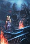  1girl blonde_hair child fire highres hironi hironii_(hirofactory) original rubble solo 
