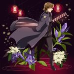  1boy brown_hair cassock closed_eyes cross cross_necklace fate/stay_night fate_(series) flower hourglass jewelry kotomine_kirei long_coat male_focus mitarashi_fate necklace smile solo 