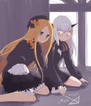  2girls abigail_williams_(fate/grand_order) absurdres ai_ai_gasa albino black_bow black_dress black_hat blonde_hair bloomers blue_eyes blush bow chalk character_name chiaki_phoenix commentary_request drawing dress fate/grand_order fate_(series) hair_between_eyes hair_bow hands_in_sleeves hat highres horn kneeling lavinia_whateley_(fate/grand_order) long_hair long_sleeves multiple_girls open_mouth orange_bow pink_eyes polka_dot polka_dot_bow ribbed_dress ribbed_sleeves shadow sleeves_past_wrists smile underwear very_long_hair white_hair yuri 