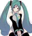  1girl detached_sleeves green_hair hatsune_miku long_hair masao necktie simple_background solo thigh-highs twintails very_long_hair vocaloid white_background 