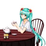  1girl aqua_eyes aqua_hair brother_and_sister chair character_doll cup flower hair_flower hair_ornament hatsune_miku kagamine_len kagamine_rin long_hair norte siblings simple_background sitting smile solo table teacup teapot twintails very_long_hair vocaloid white_background 