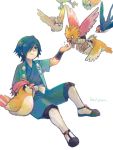  00s 1boy blue_hair d&amp;p feeding gym_leader hair_over_one_eye hayato_(pokemon) japanese_clothes pidgeotto pidgey pokemon pokemon_(game) pokemon_hgss sitting spearow taillow 