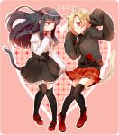  2girls animal_ears ankle_boots bad_id bangs black_legwear blonde_hair blue_hair blunt_bangs blush boots braid cat_ears cat_tail dress earrings hair_over_one_eye half_updo heart hood hoodie idolmaster idolmaster_cinderella_girls jewelry long_hair mary_janes multiple_girls pink_background plaid plaid_skirt red_eyes sajou_yukimi shirasaka_koume shoes short_hair skirt sleeves_past_wrists smile tail thigh-highs yuurinmoku 